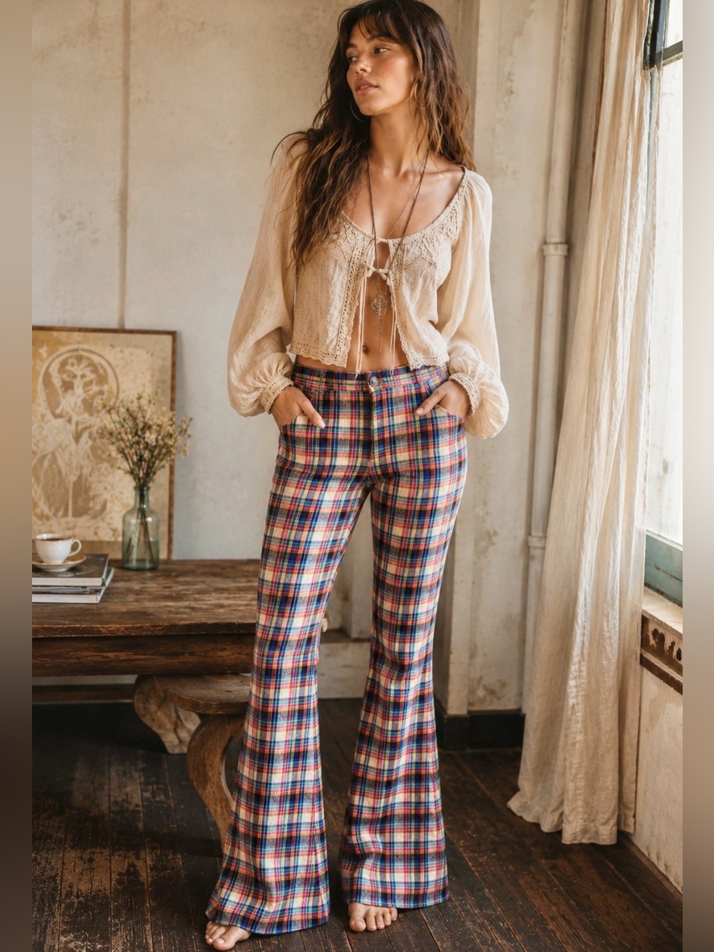 FREE PEOPLE Womens Size 0 Plaid Seersucker Cristina Flare Bell Bottom Pants
